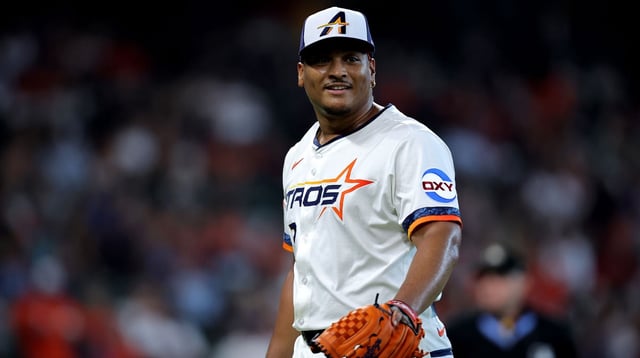Sep 1, 2025; Houston, Texas, USA; Houston Astros starting pitcher Luis Garcia (77) reacts after retiring the side against the Los Angeles Angels during the fifth inning at Daikin Park. Mandatory Credit: Erik Williams-Imagn Images