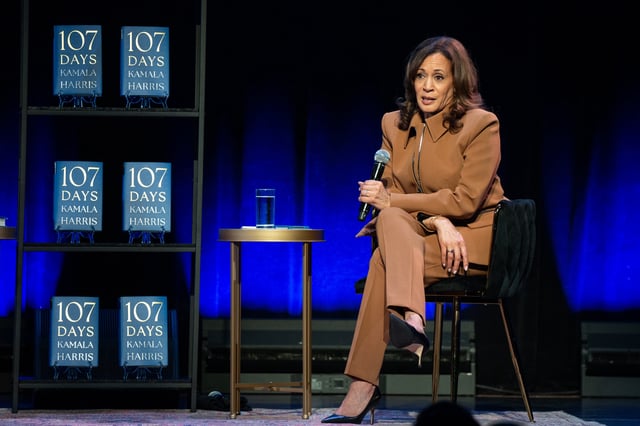 Former Vice President Kamala Harris speaks at the first stop of her book tour for her new book about her presidential campaign, "107 Days," at Town Hall in New York, Wednesday, Sept. 24, 2025.