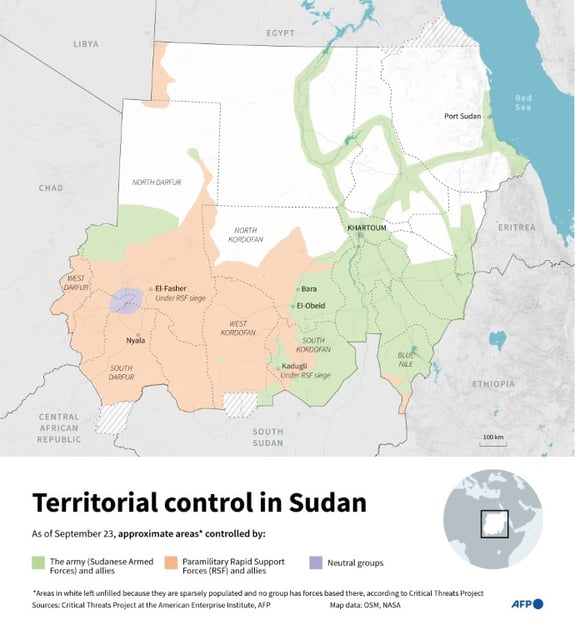 Infographic with a map showing areas controlled by the army, the Rapid Support Forces and neutral groups in Sudan as of September 23, 2025, according to the Critical Threats Project at the American Enterprise Institute and the AFP