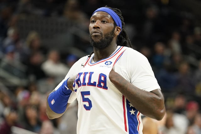 Feb 3, 2023; San Antonio, Texas, USA; Philadelphia 76ers center Montrezl Harrell (5) holds his uniform during the first half against the San Antonio Spurs at AT&T Center. Mandatory Credit: Scott Wachter-USA TODAY Sports/File Photo