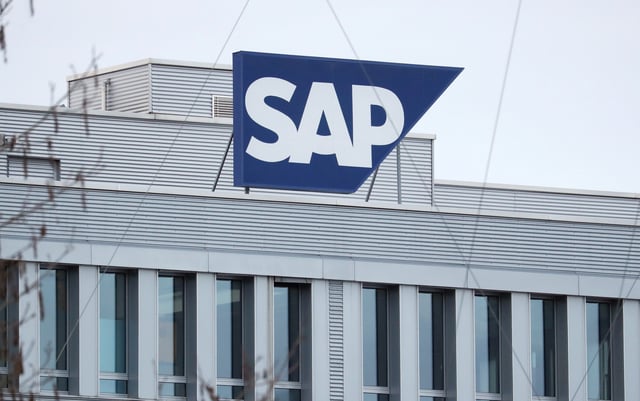 The logo of German software group SAP is pictured at the headquarters of SAP (Schweiz) AG in Regensdorf, Switzerland January 22, 2021. Picture taken January 22, 2021. REUTERS/Arnd Wiegmann/File Photo