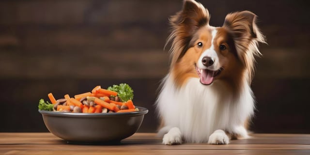 Contented dog eating from food bowl