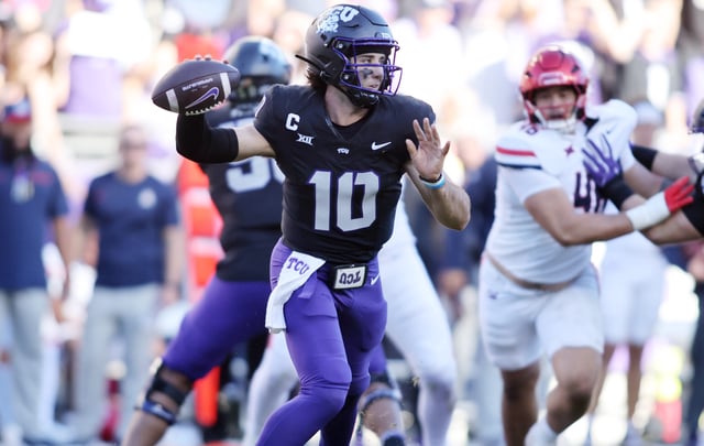 TCU quarterback Josh Hoover (10) throws a pass against Arizona during their game at Amon G. Carter Stadium.