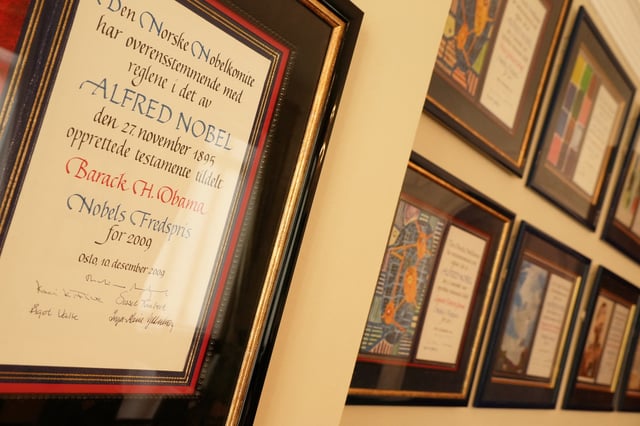 The Nobel Peace Prize diploma for former U.S. president, Barack Obama, hangs on a wall with other diplomas in the Norwegian Nobel Institute in Oslo, Norway, September 9, 2025. REUTERS/Tom Little