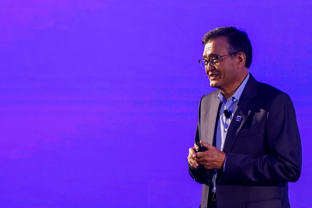 Intel CEO Lip-Bu Tan makes a speech on stage in Taipei, Taiwan May 19, 2025. REUTERS/Ann Wang/File Photo