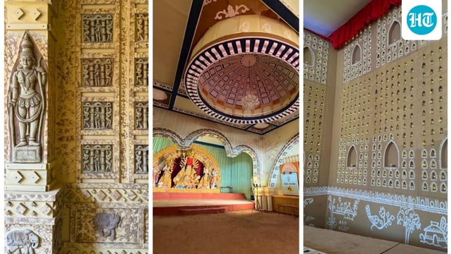 L to R: Decoration at Durga Puja 2025 pandal at Cooperative Ground, Mela Ground and B Block of CR Park in Delhi