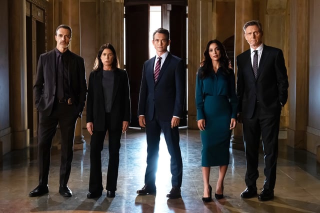 (From left to right): Reid Scott, Maura Tierney, Hugh Dancy, Odelya Halevi and Tony Goldwyn from Season 25 of "Law & Order."