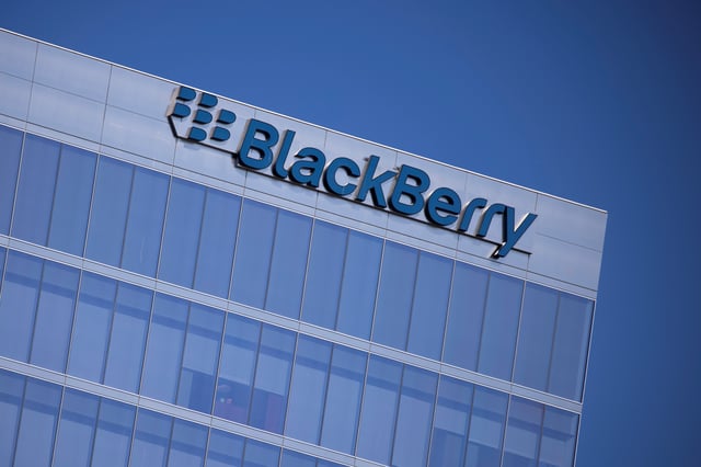 The Blackberry logo is shown on a office tower in Irvine, California, U.S., October 20, 2020. REUTERS/Mike Blake/File Photo