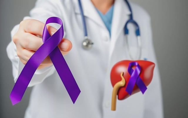 A man is holding a purple ribbon and a purple ribbon that says the red bell