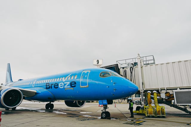 Breeze Airways plane used for their inaugural flight from Memphis International Airport to Tampa can be seen on May 7, 2025 at the Memphis International Airport in Memphis, Tenn.