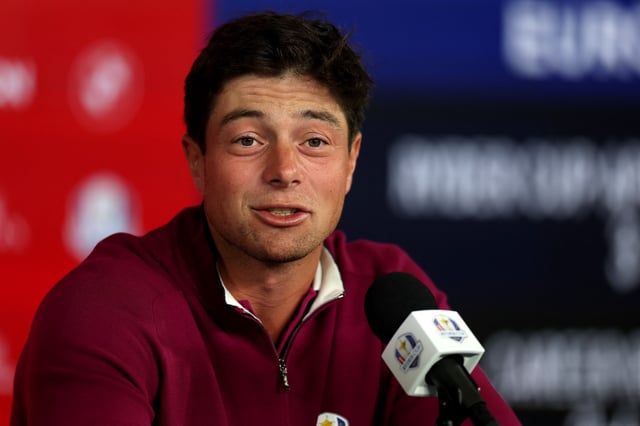 Golf - The 2025 Ryder Cup - Bethpage Black Golf Course, Farmingdale, New York, United States - September 25, 2025 Team Europe's Viktor Hovland during the press conference REUTERS/Paul Childs