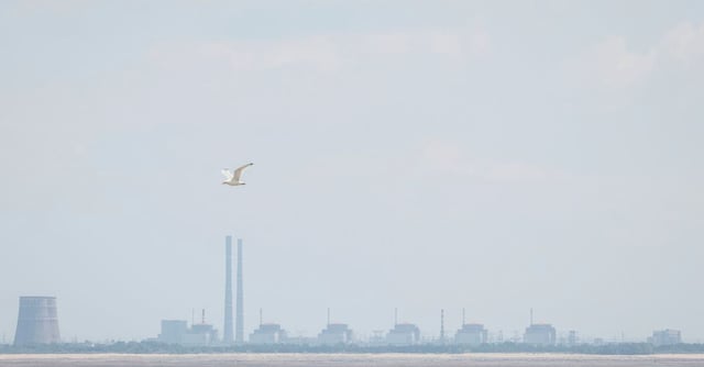 View shows a water level in Kakhovka reservoir, which sharply dropped, after Kakhovka dam destruction, on the background of Zaporizhzhia Nuclear Power Plant, amid Russia's attack on Ukraine, in Nikopol, Dnipropetrovsk region, Ukraine June 16, 2023. REUTERS/Alina Smutko
