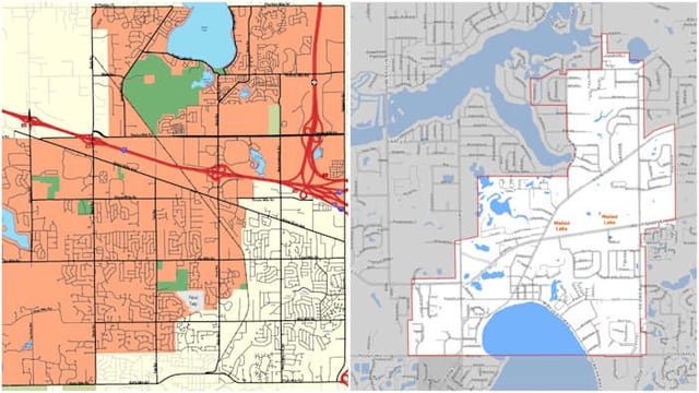 The area affected by a Sept. 25, 2025, boil water advisory in Novi (left) and Walled Lake (right).