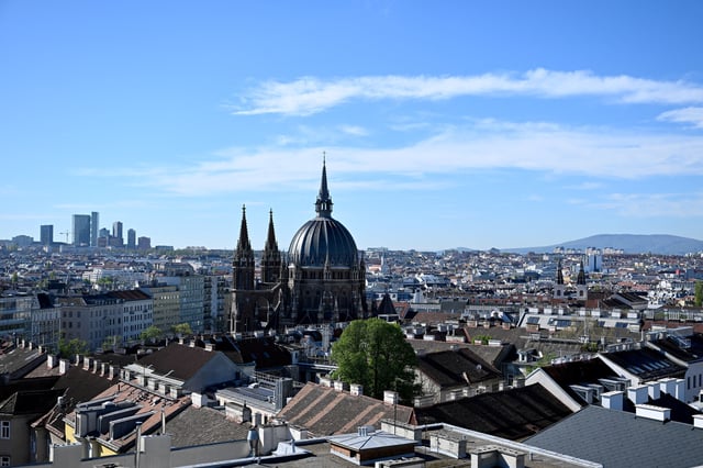 A general view of the cityscape of Vienna with the Maria vom Siege church in front, Austria, April 16, 2025. REUTERS/Elisabeth Mandl/File Photo