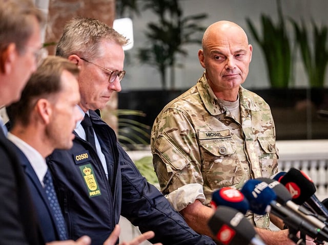 (L-R) Denmark's Defence Minister Troels Lund Poulsen, Denmark's Minister of Justice Peter Hummelgaard, Denmark's National Police Chief Thorkild Fogde and Denmark's Chief of Defence Michael Hyldgaard hold a press conference on the recent drone activities at several airports in Denmark, at the Ministry of Defence in Copenhagen on September 25, 2025. Drone flights that caused Danish airports to close on two nights this week were a systematic and hybrid operation by a "professional actor," the country's defence minister said. (Photo by Emil Nicolai Helms / Ritzau Scanpix / AFP) / Denmark OUT (Photo by EMIL NICOLAI HELMS/Ritzau Scanpix/AFP via Getty Images)
