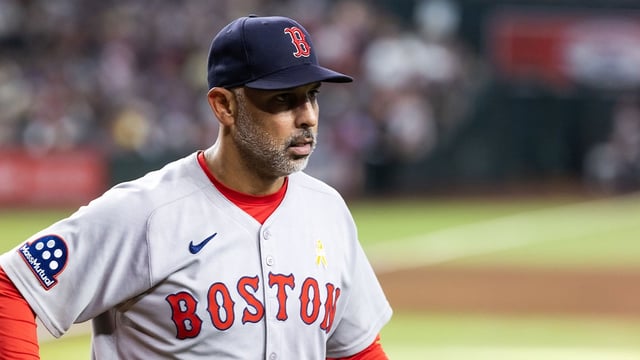 Sep 7, 2025; Phoenix, Arizona, USA; Boston Red Sox manager Alex Cora against the Arizona Diamondbacks at Chase Field. Mandatory Credit: Mark J. Rebilas-Imagn Images