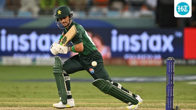 Pakistan's Saim Ayub watches the ball after playing a shot during the Asia Cup 2025 Super Four Twenty20 international cricket match