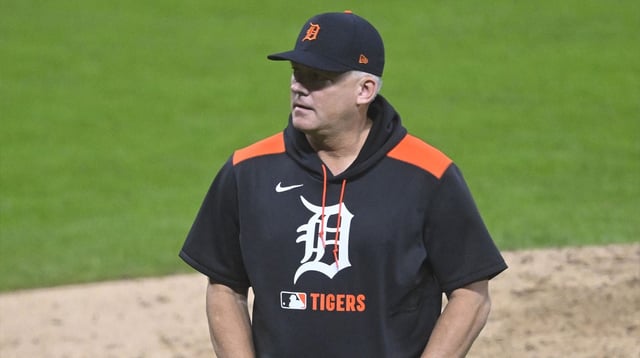 Sep 24, 2025; Cleveland, Ohio, USA; Detroit Tigers manager A.J. Hinch (14) walks on the field in the fifth inning against the Cleveland Guardians at Progressive Field. Mandatory Credit: David Richard-Imagn Images