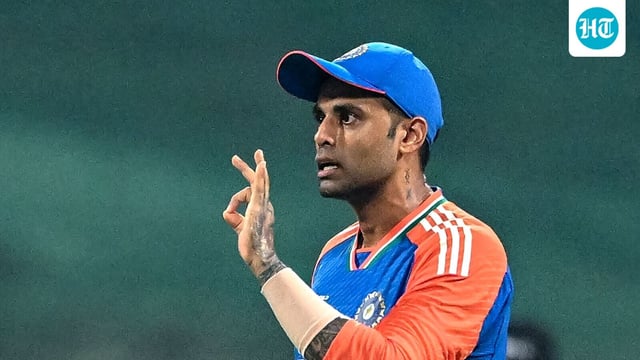 India's captain Suryakumar Yadav speaks during a match.