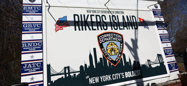 The Rikers Island jail sign is seen on March 7, 2023.