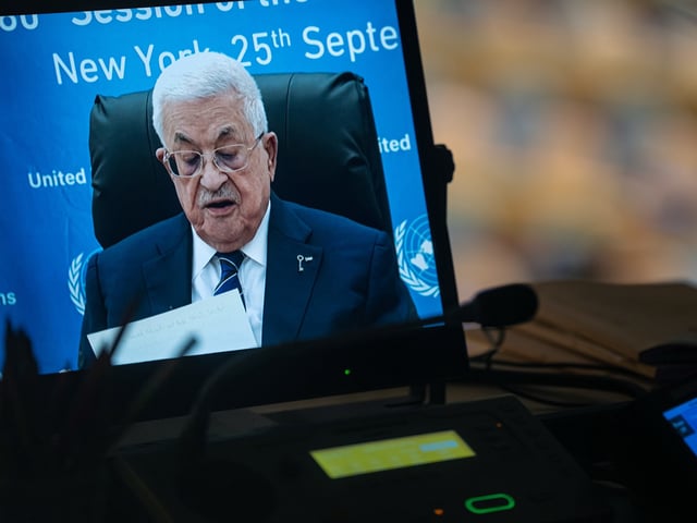 Palestinian President Mahmoud Abbas addresses the 80th session of the United Nations General Assembly at United Nations headquarters, Thursday, Sept. 25, 2025. (AP Photo/Angelina Katsanis)