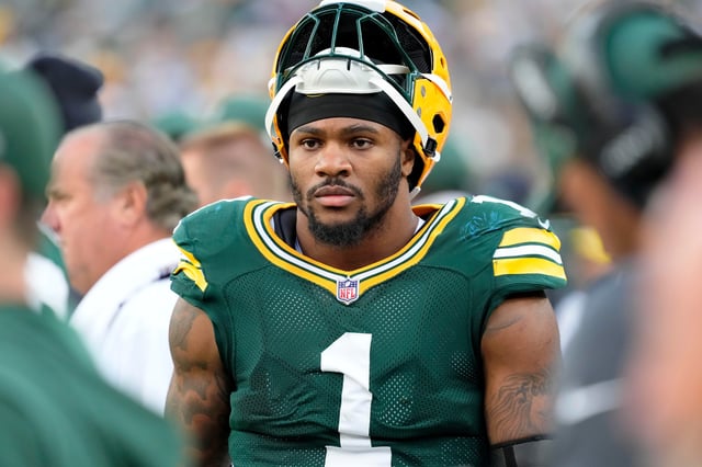 Green Bay Packers defensive end Micah Parsons (1) walks on the sideline during the fourth quarter at Lambeau Field in Green Bay, Wisconsin on Sept. 7, 2025.