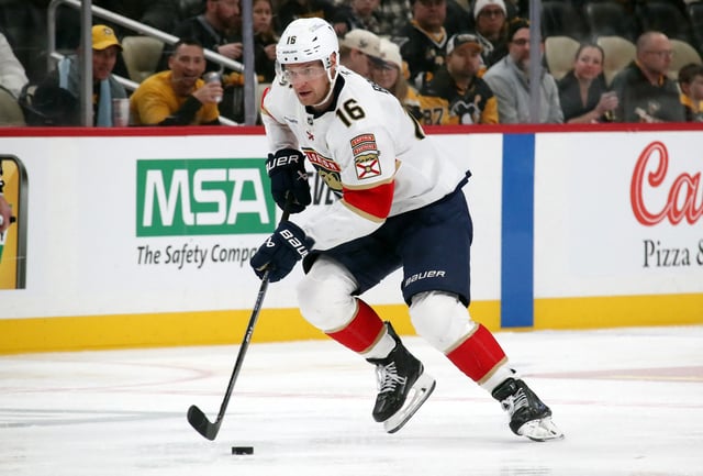 Dec 3, 2024; Pittsburgh, Pennsylvania, USA;  Florida Panthers center Aleksander Barkov (16) moves the puck up ice against the Pittsburgh Penguins during the second period at PPG Paints Arena. Mandatory Credit: Charles LeClaire-Imagn Images/File Photo