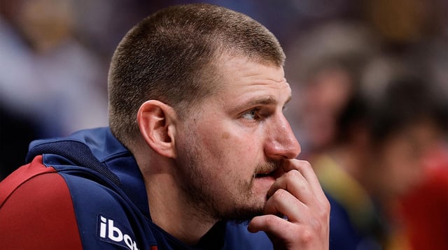 Apr 21, 2025; Denver, Colorado, USA; Denver Nuggets center Nikola Jokic (15) before the start of the third period against the Los Angeles Clippers during game two of first round for the 2025 NBA Playoffs at Ball Arena. Mandatory Credit: Isaiah J. Downing-Imagn Images