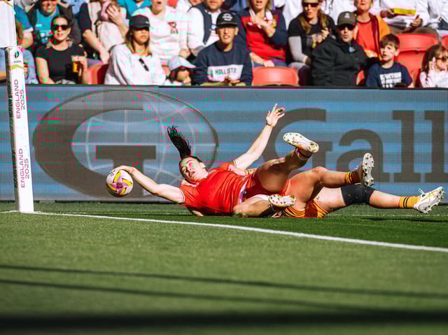 Team Canada’s Alysha Corrigan of Charlottetown goes in for a try during play in the Women’s Rugby World Cup in England. Team Canada will play host England in the championship game on Sept. 27.
