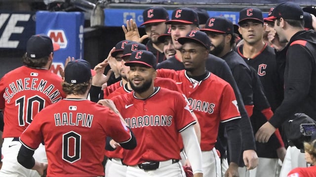 Sep 24, 2025; Cleveland, Ohio, USA; The Cleveland Guardians celebrate a win over the Detroit Tigers at Progressive Field. Mandatory Credit: David Richard-Imagn Images