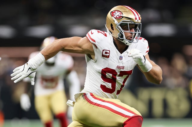 Nick Bosa #97 of the San Francisco 49ers rushes the passer during an NFL football game against the New Orleans Saints at Caesars Superdome on September 14, 2025 in New Orleans, Louisiana.