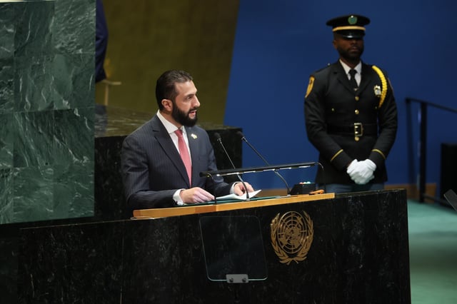 President of Syria Ahmad al-Sharaa speaks during the United Nations General Assembly (UNGA) at the United Nations headquarters on September 24, 2025 in New York City. World leaders convened for the 80th Session of UNGA, with this year’s theme for the annual global meeting being “Better together: 80 years and more for peace, development and human rights.”  (Photo by Michael M. Santiago/Getty Images)