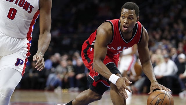 Apr 5, 2017; Auburn Hills, MI, USA; Toronto Raptors guard Kyle Lowry (7) dribbles the ball as Detroit Pistons center Andre Drummond (0) defends during the second quarter at The Palace of Auburn Hills. Mandatory Credit: Raj Mehta-Imagn Images