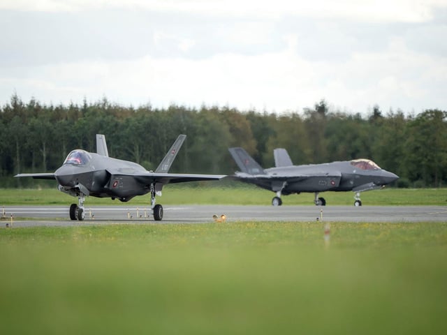 F-35 fighter jet pictured at the Skrydstrup base of the Royal Danish Air Force in Denmark in September 2023, the same base where Denmark reported drones.