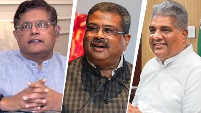 Baijayant Panda (left), Dharmendra Pradhan (Centre), and Bhupendra Yadav. (File photo)