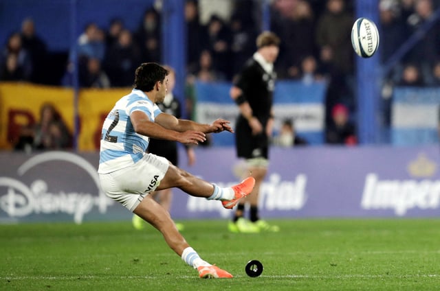 Rugby Union - Rugby Championship - Argentina v New Zealand - Jose Amalfitani Stadium, Buenos Aires, Argentina - August 23, 2025 Argentina's Santiago Carreras scores a conversion REUTERS/Pedro Lazaro Fernandez/File Photo