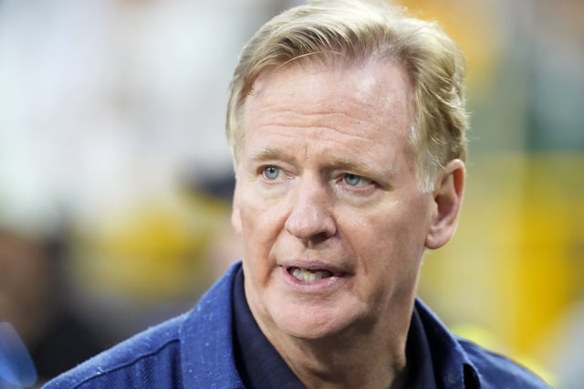 Sep 11, 2025; Green Bay, Wisconsin, USA; NFL commissioner Roger Goodell looks on before the game between the Washington Commanders and the Green Bay Packers at Lambeau Field. Mandatory Credit: Jeff Hanisch-Imagn Images/File photo