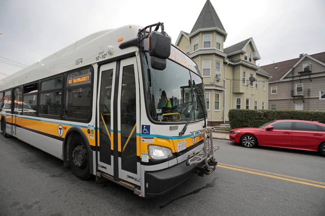 An MBTA bus in Chelsea in 2023.