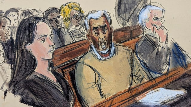 FILE - In this courtroom sketch, flanked by defense attorneys Teny Geragos, left, and Brian Steel, right, Sean "Diddy" Combs, center, reacts after he was denied bail on prostitution-related offenses, July 2, 2025, in Manhattan federal court in New York. (Elizabeth Williams via AP, File)