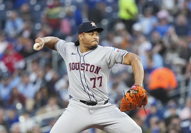 Sep 9, 2025; Toronto, Ontario, CAN; Houston Astros starting pitcher Luis Garcia (77) throws a pitch against the Toronto Blue Jays during the first inning at Rogers Centre. Mandatory Credit: Nick Turchiaro-Imagn Images/File photo