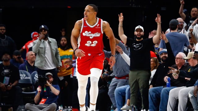 Apr 1, 2025; Memphis, Tennessee, USA; Memphis Grizzlies guard Desmond Bane (22) reacts during the third quarter against the Golden State Warriors at FedExForum. Mandatory Credit: Petre Thomas-Imagn Images