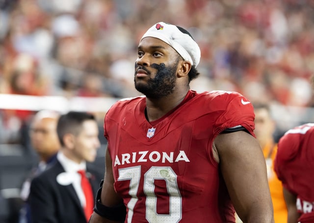 Aug 9, 2025; Glendale, Arizona, USA; Arizona Cardinals offensive tackle Paris Johnson Jr. (70) against the Kansas City Chiefs during a preseason NFL game at State Farm Stadium. Mandatory Credit: Mark J. Rebilas-Imagn Images/File photo