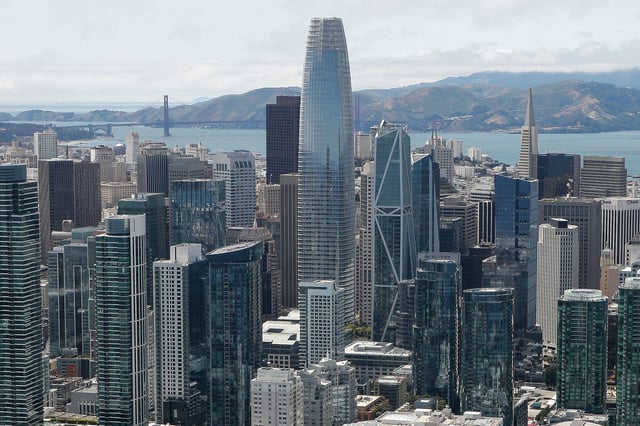 FILE: An aerial view of the Salesforce Tower on May 30, 2023, in San Francisco.
