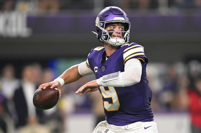 J.J. McCarthy of the Minnesota Vikings throws a pass against the Atlanta Falcons during the second quarter of a game at U.S. Bank Stadium on September 14, 2025 in Minneapolis, Minnesota.