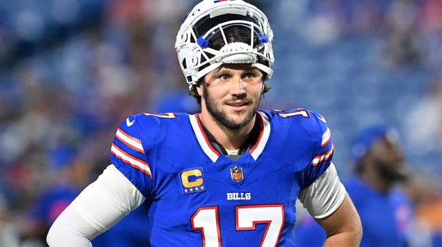 Sep 18, 2025; Orchard Park, New York, USA; Buffalo Bills quarterback Josh Allen (17) looks on before the game against the Miami Dolphins at Highmark Stadium. Mandatory Credit: Mark Konezny-Imagn Images