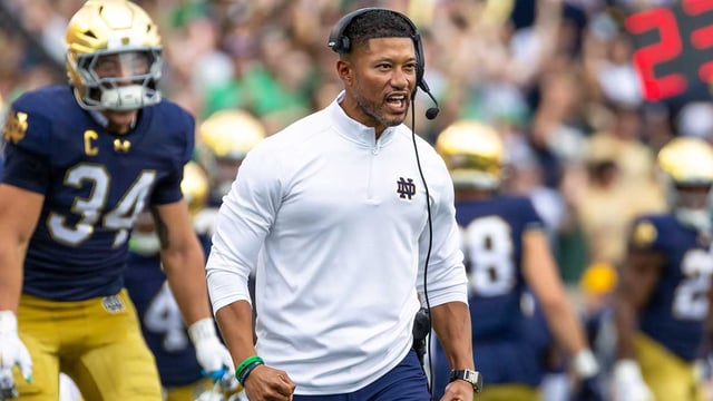 Sep 20, 2025; South Bend, Indiana, USA; Notre Dame Fighting Irish head coach Marcus Freeman celebrates a turnover by the defense against the Purdue Boilermakers during the first half at Notre Dame Stadium. Mandatory Credit: Michael Caterina-Imagn Images