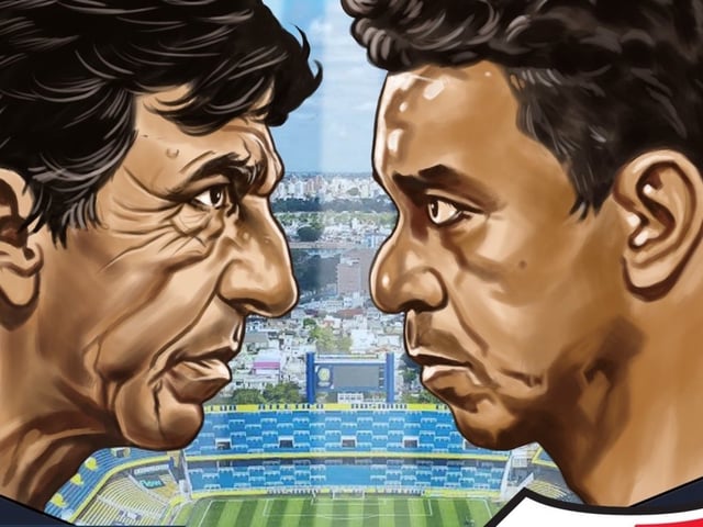 Gustavo Costas y Marcelo Gallardo, en la gráfica de la Copa Argentina que anuncia el Racing vs River del jueves 2 en Rosario.