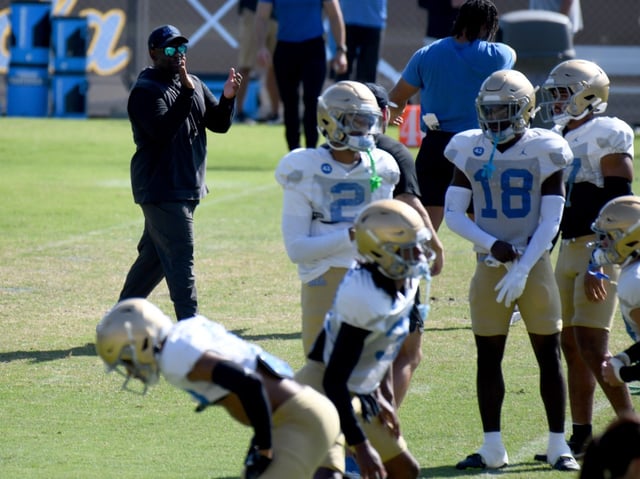 Tim Skipper, named interim coach after the firing of DeShaun Foster, leads the UCLA football practice Wednesday, Sept. 17, 2025. (Photo by Axel Koester, Contributing Photographer)