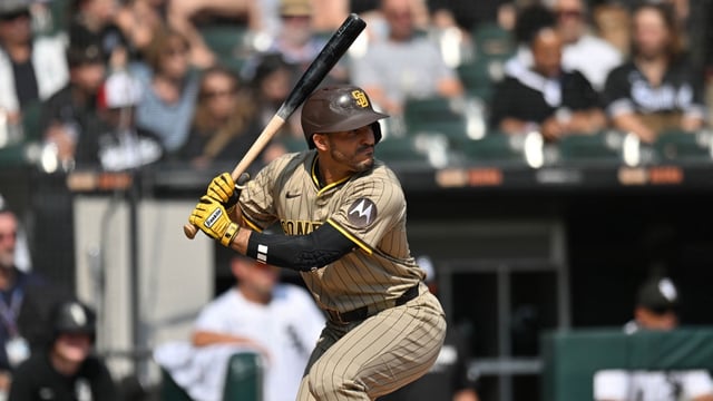 Sep 21, 2025; Chicago, Illinois, USA; San Diego Padres left fielder Ramon Laureano (5) at bat against the Chicago White Sox during a game at Rate Field. Mandatory Credit: Patrick Gorski-Imagn Images