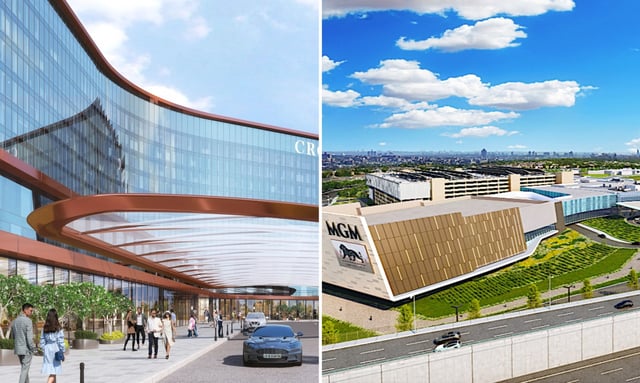 Renderings of Resorts World in Queens, left, and MGM’s Empire City in Yonkers. (Westfair Communications; Resorts World)